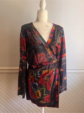 FARM Rio Black Floral Wrap Mini Dress with Red & Blue Accents